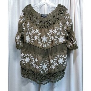 Oliver O. Women's Size‎ XL Peasant Top Boho Crochet Embroidered Dark Olive Green